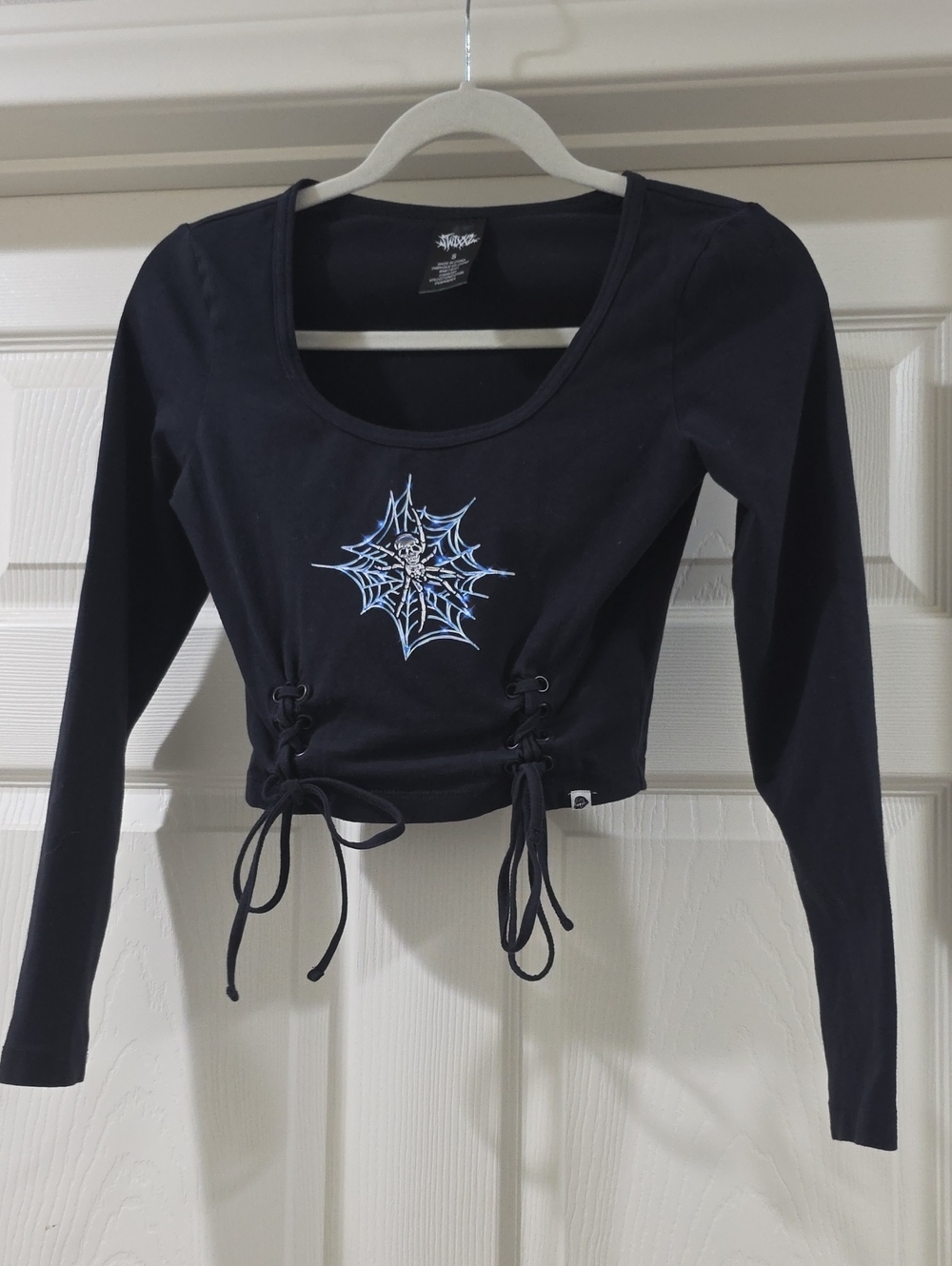 SWIXXZ Black Long-Sleeve Lace-Up Crop Top with Spiderweb Graphic